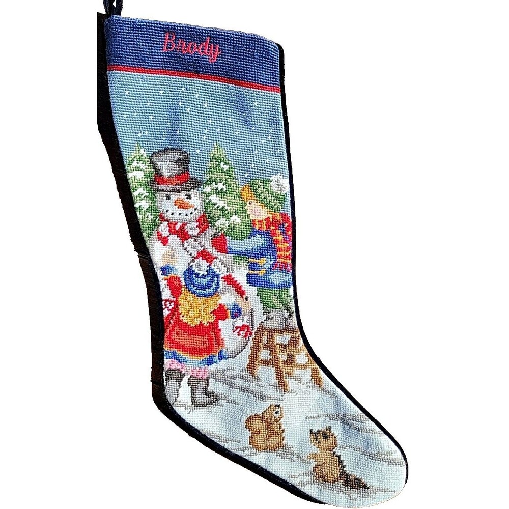Lands' End Needlepoint Christmas Stocking BRODY Snowman Wool Discontinued C1